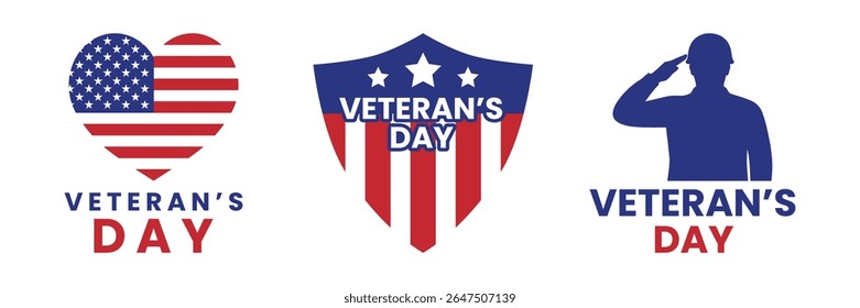 Veterans Day Icon Set in Flat Style Featuring Military Symbols, Flags, Badges