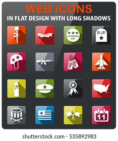 veterans day icons set in flat design with long shadow