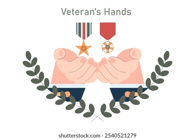 Ilustração do Dia dos Veteranos. Mãos segurando medalhas militares com coroas de louro em homenagem ao serviço militar. Comemoração patriótica e respeito aos veteranos. Ilustração vetorial.