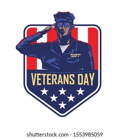 Veterans Day. Illustration of a saluting soldier on the background of a shield in the form of the USA flag.