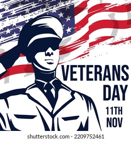 veterans day illustration with a soldier saluting and grunge American flag vector design