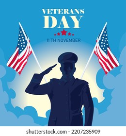 veterans day illustration with a solider and flags