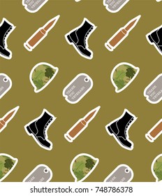 Veterans Day Inspired Seamless Pattern with Helmet Boots Bullet and Dog Tag