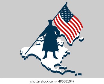 Veterans day. Man with US flag, military. Continent North America. Honors war heroes veterans. Vector illustration