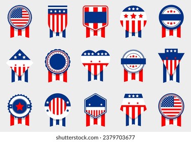 Veterans Day medal badges in US flag design. US flag badge collection. Set of blue and red badge medal in a flat design. Different US label badges