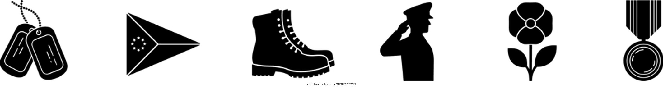 Veterans Day Memorial Icon Set with Military Dog Tags Folded Flag Combat Boots Saluting Soldier Poppy Flower and Medal Silhouette Vectors.eps
