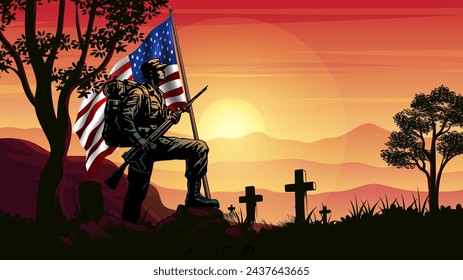 Veterans Day, Memorial Day, Independence Day or Patriot Day background. Soldier and USA flag at sunrise vector illustration