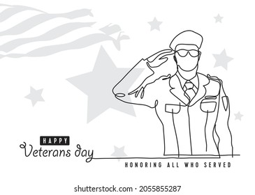 Veterans day minimalist vector banner, poster, background with american soldier outline saluting at memorial day. Linear stylized.