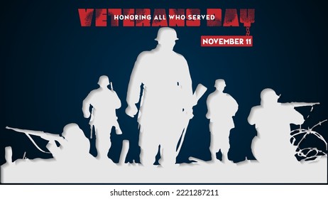 Veterans day is November 11. Honoring all who served and soldiers in the background, National American holiday. Vector illustration.