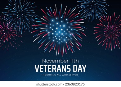 Veterans Tag 11. November, Template American Feuerwerk blauer Himmel Hintergrund. Fireworks US-Flagge. 11. November Happy Veterans Day, USA Nationalfeiertag. Banner, Poster, Grußkarte. Vektorgrafik