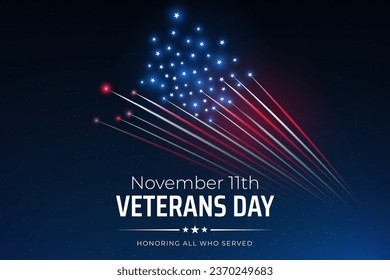 Veterans day november 11, template american fireworks blue sky background. Fireworks US flag. November 11th Happy Veterans Day, USA national holiday. Banner, poster, greeting card. Vector illustration