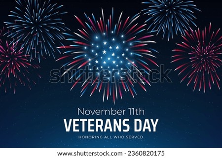 Veterans day november 11, template american fireworks blue sky background. Fireworks US flag. November 11th Happy Veterans Day, USA national holiday. Banner, poster, greeting card. Vector illustration