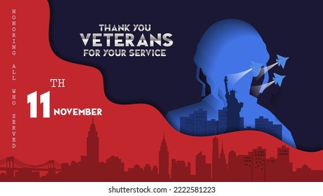 Veterans day November 11th, Honoring all who served. US city background, we salute the soldier concept. Poster design vector illustration.