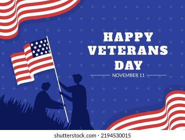 Veterans Day on November 11 Template Hand Drawn Cartoon Flat Illustration with USA Flag and Army to Honoring All Who Served