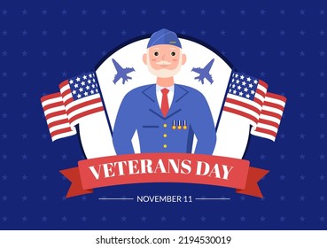 Veterans Day on November 11 Template Hand Drawn Cartoon Flat Illustration with USA Flag and Army to Honoring All Who Served