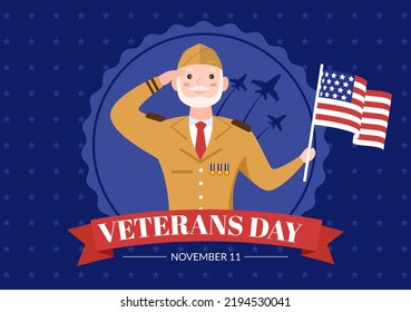 Veterans Day on November 11 Template Hand Drawn Cartoon Flat Illustration with USA Flag and Army to Honoring All Who Served