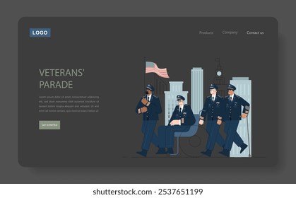 Conceito de Desfile do Dia dos Veteranos. Veteranos orgulhosos marcham com uma bandeira americana contra um horizonte da cidade. Respeitar o serviço militar e o espírito patriótico. Ilustração vetorial.