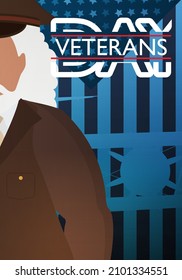 Veterans Day Postcard. A veteran in a brown military uniform against the background of the flag. Cartoon style