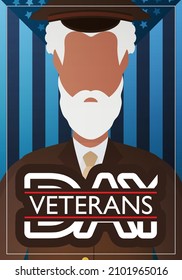 Veterans Day Postcard. A veteran in a brown military uniform against the background of the flag.