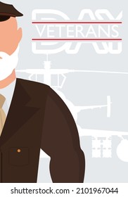 Veterans Day Postcard. Veteran in brown military uniform. Vector illustration. Cartoon style