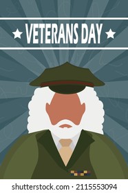Veterans Day postcard. Veteran in military uniform. Vector illustration.