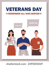 Veterans day poster. Armed forces, men and woman. Thank you warriors. Freedom and independence. Flyer, booklet and leaflet. Cartoon flat vector illustration isolated on grey background