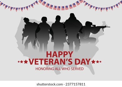 Veteran's day poster and banner commemorating American army veterans day November 11 with soldier silhouette and flag vector template