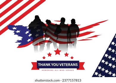 Veteran's day poster and banner commemorating American army veterans day November 11 with soldier silhouette and flag vector template