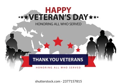 Veteran's day poster and banner commemorating American army veterans day November 11 with soldier silhouette and flag vector template