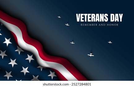 Veterans Day Poster Design with American flag and aircraft illustration on blue background. Banner, Poster, Greeting Card. Vector Illustration.