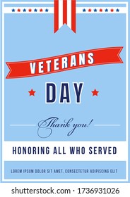 Veterans Day poster flat vector template. Honor served military soldiers. US freedom and liberty. Brochure, booklet one page concept design. American national holiday flyer, leaflet