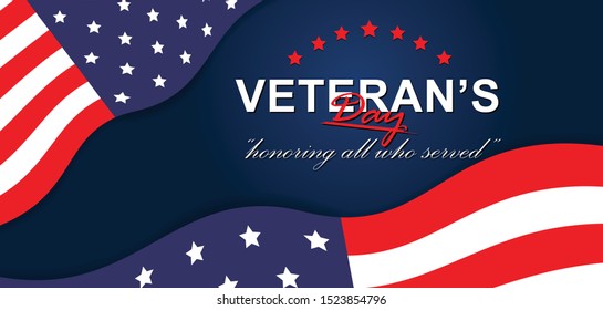 Veteran's day poster, Honoring all who served. Happy Memorial Day greeting Veteran's day illustration with american flag and soldiers, banner layout design, flyer, card, vector illustration