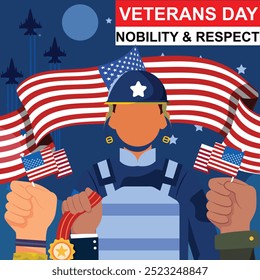 Veterans Day poster. Honoring all who served. Veterans Day illustration with American flag and soldiers.