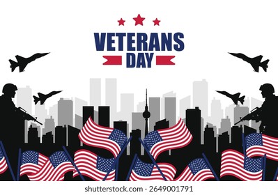 Veterans day poster. Veteran's day illustration with american flag and building silhouette, 11th November, Vector illustration