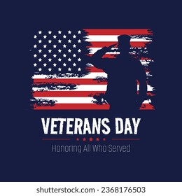 Veterans Day poster with a male soldier saluting with an American flag in the background