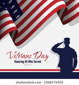 Veterans Day poster with a male soldier saluting and a waving american flag