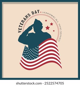 Veterans Day poster with a male veteran soldier salutes the waving flag