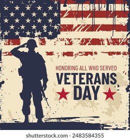 Veterans day poster. Military Man Saluting Us Flag.Silhouette of soldier