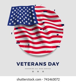 Veterans day poster, realistic flag of america with folds and text on a gray background and. 3d illustration. Vector