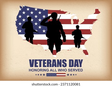 Veterans day poster. Silhouette of US military saluting soldier. EPS10 vector