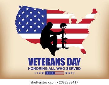 Veterans day poster. Silhouette of US military soldier kneeling down. EPS10 vector