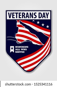 Veteran's day poster template. Shield with US Army soldier saluting against USA Flag. Vector illustration.