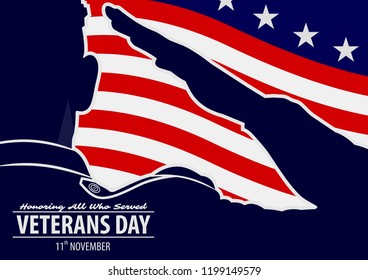 Veteran's day poster template. US Army soldiers saluting on american flag background. Vector illustration.