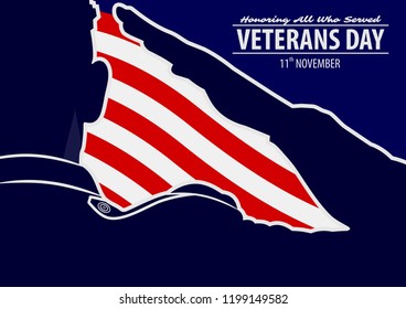 Veteran's day poster template. US Army soldiers saluting on american flag background. Vector illustration.