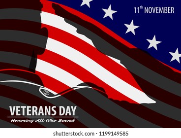 Veteran's day poster template. US Army soldiers saluting on american flag background. Vector illustration.