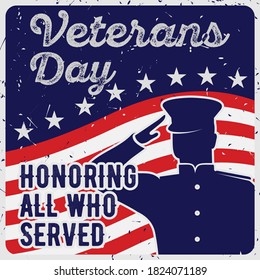 Veterans day poster template. US Army soldier saluting against USA Flag. Vector illustration.