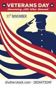 Veteran's day poster template. US Army soldier saluting against USA Flag. Vector illustration.
