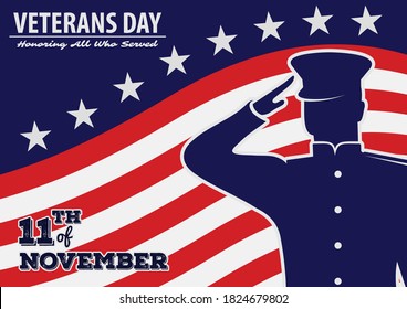 Veteran's day poster template. US Army soldier saluting against USA Flag. Vector illustration.