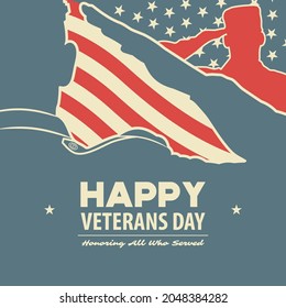 Veterans day poster template. US Army soldier saluting against USA Flag. Vector illustration