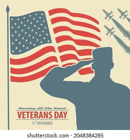 Veterans day poster template. US Army soldier saluting against USA Flag. Vector illustration